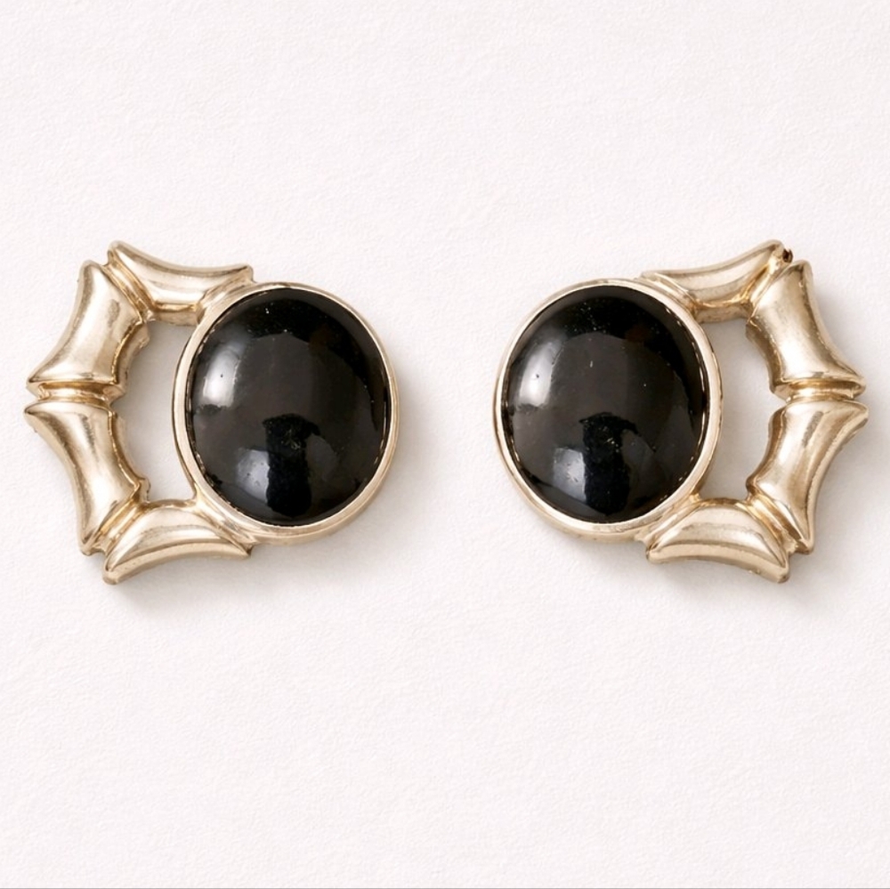 Vintage Mexico 925 Sterling Silver Black Cabochon Stud Earrings
